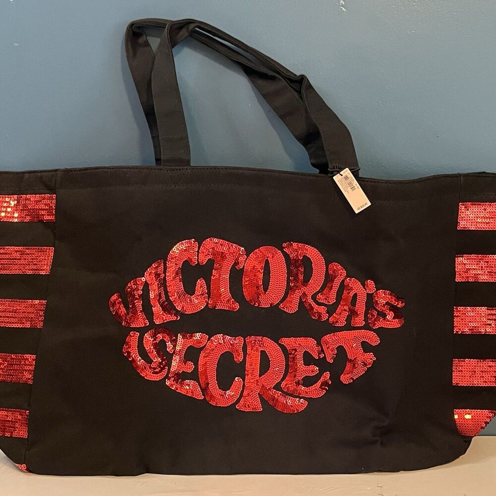 Victoria’s Secret Black & Red Sequins Lips Tote Bag Zipper Travel/Gym/Tan NWT
